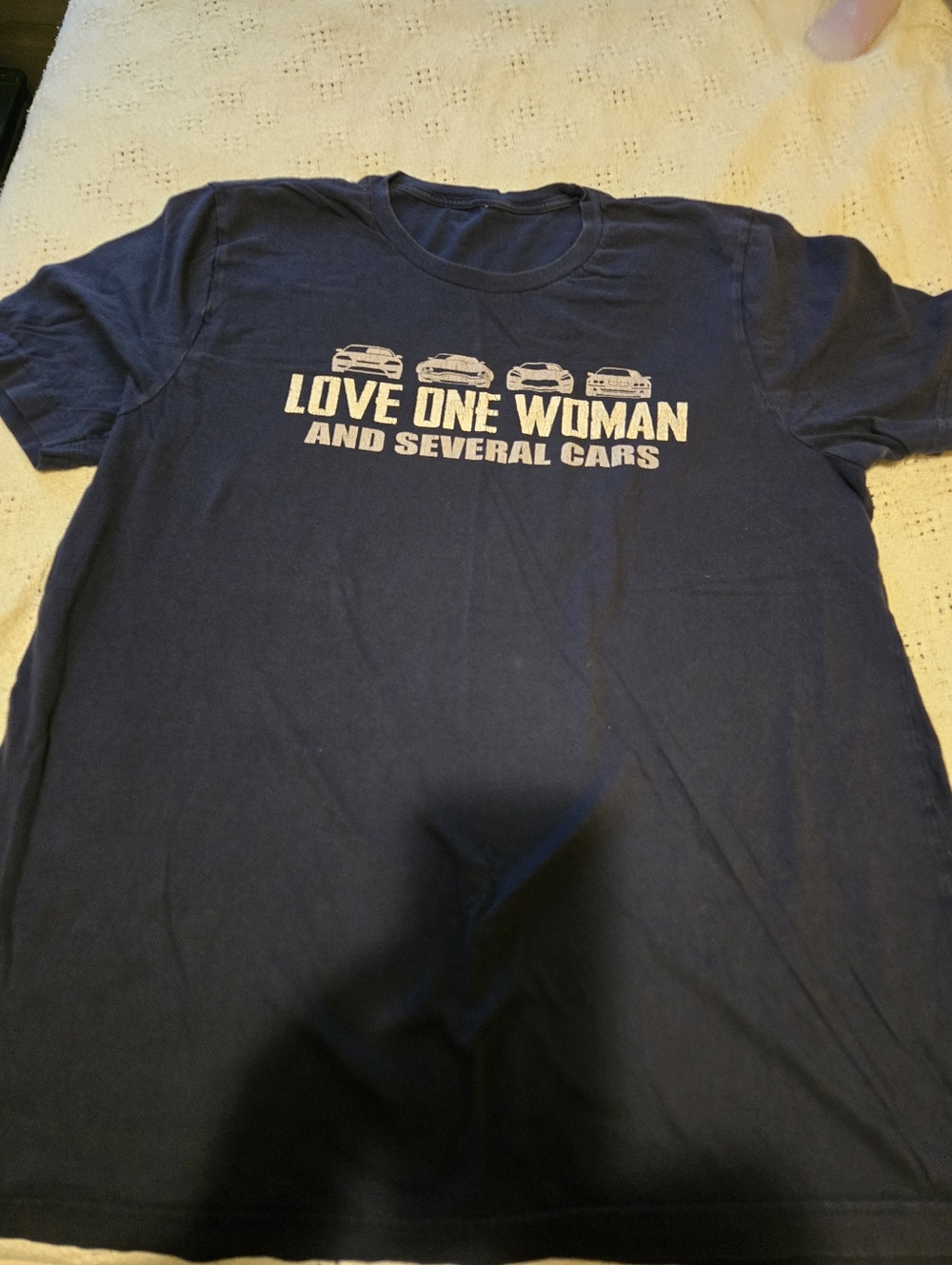 Navy Graphic Tee "Love One Woman and Several Cars" Mens XL